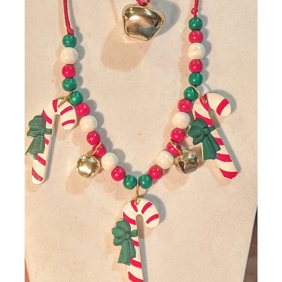 Christmas Necklaces Colorful Wooden Candy Canes Bells Beaded Holiday Festive - Picture 3 of 4